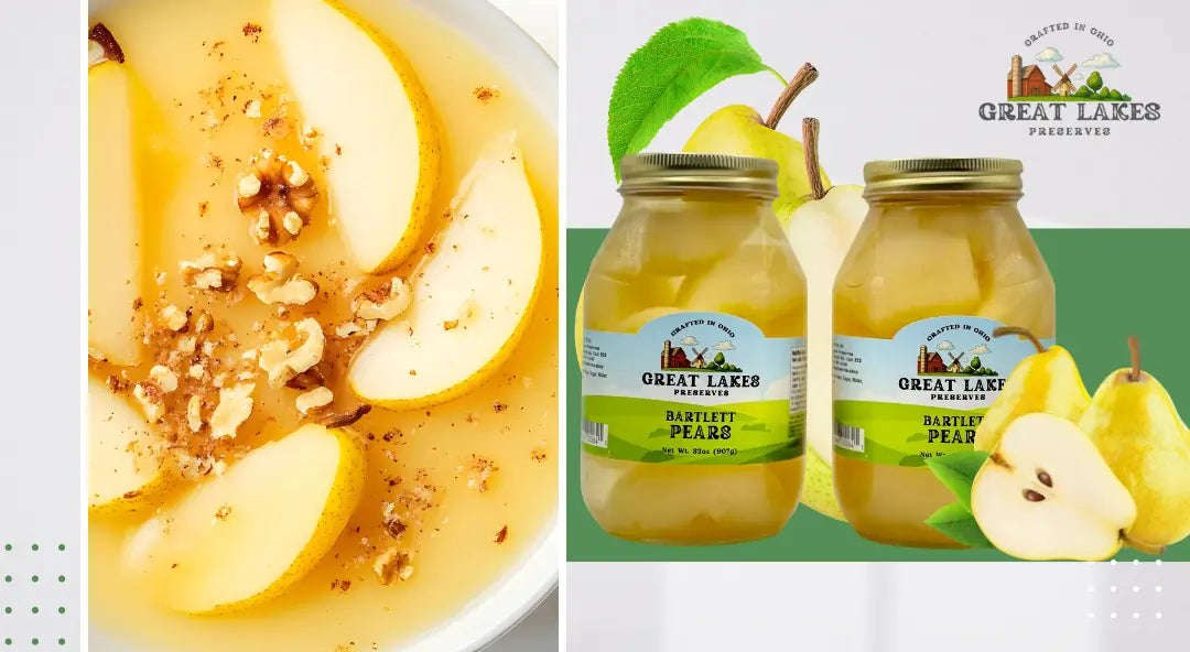 Great Lakes Preserves Bartlett Pears in glass jars with a bowl of sliced pears and walnuts in syrup, crafted in Ohio artisanal fruit preserves product image.