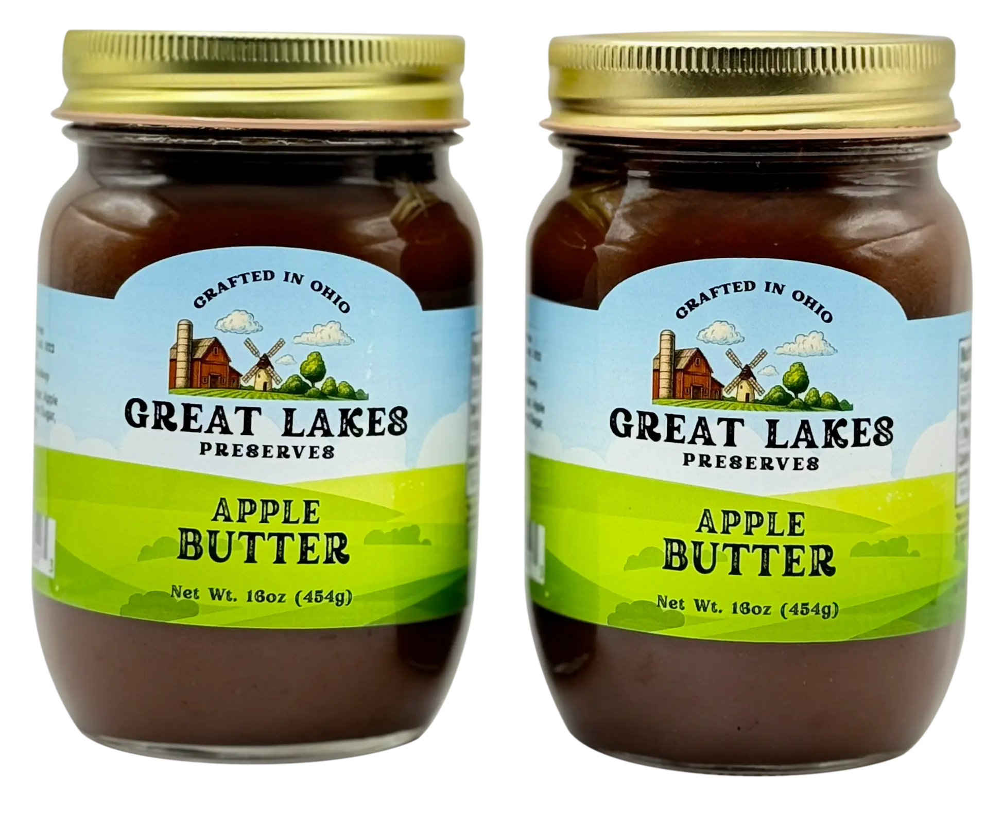 Two Great Lakes Preserves Apple Butter jars, 16 oz (454g) each, front labels facing with gold lids.