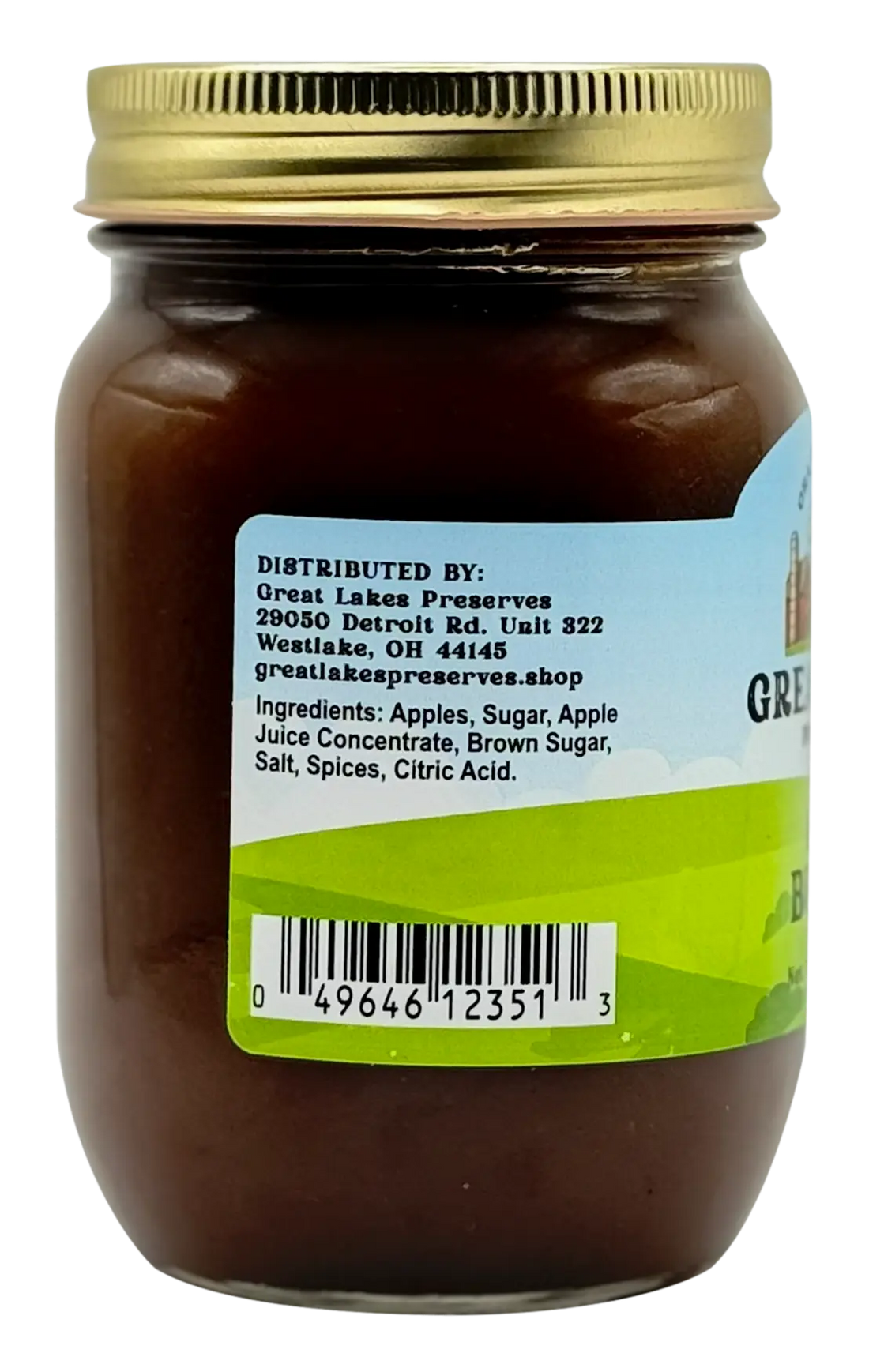 Two Great Lakes Preserves Apple Butter jars, 16 oz (454g) each, front labels facing with gold lids.