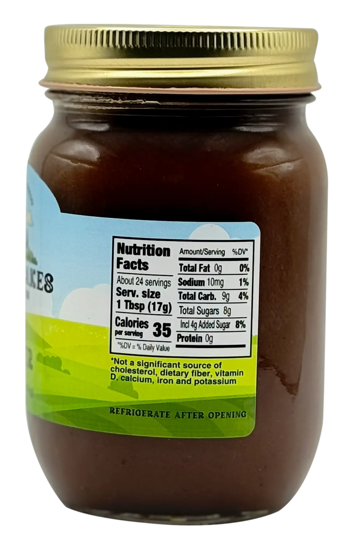 Back of Apple Butter jar with Nutrition Facts: serving 1 Tbsp, 35 calories; refrigerate after opening.