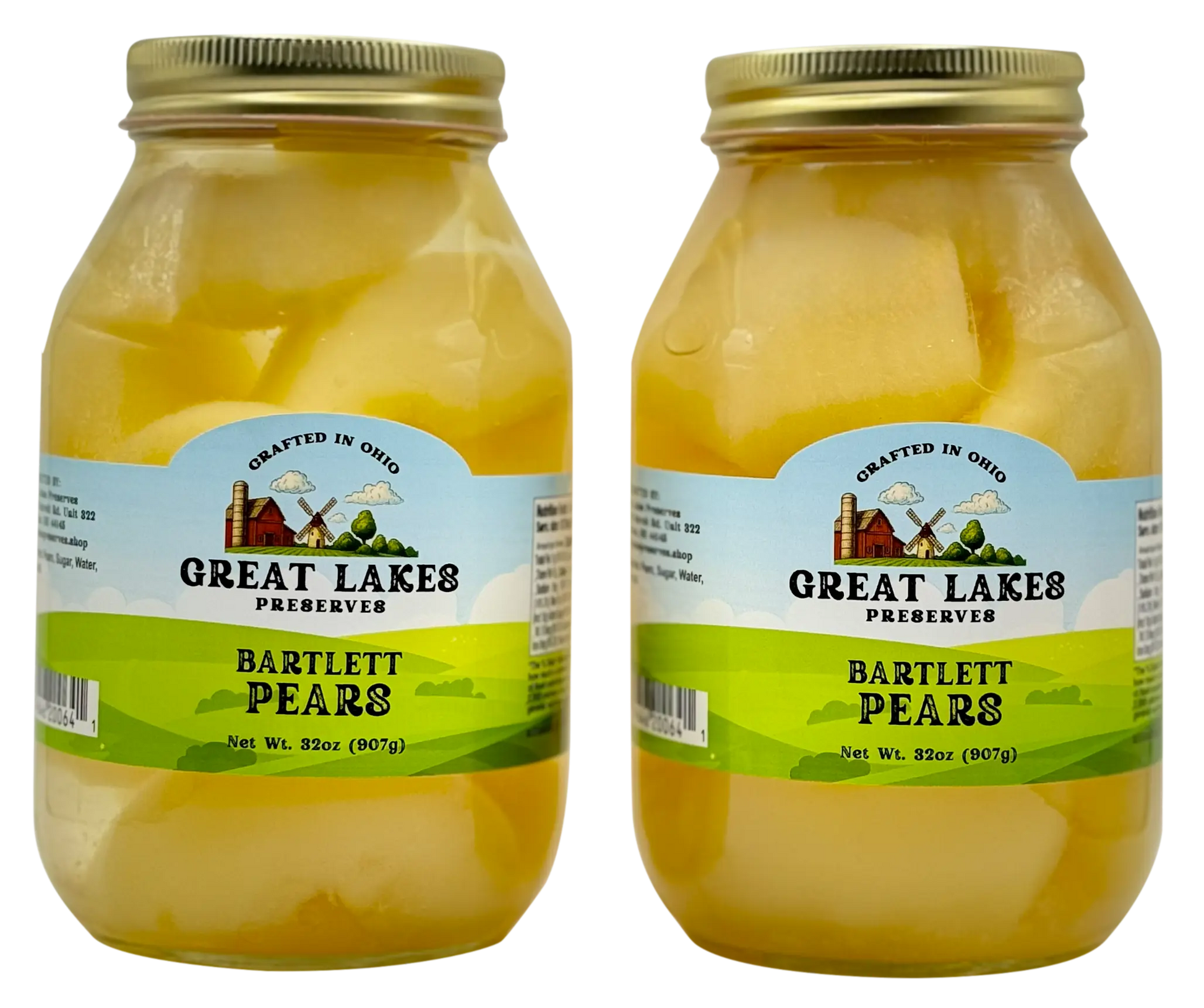 Two Great Lakes Preserves Bartlett Pears jars, 32 oz (907g) each, front labels facing with gold lids.