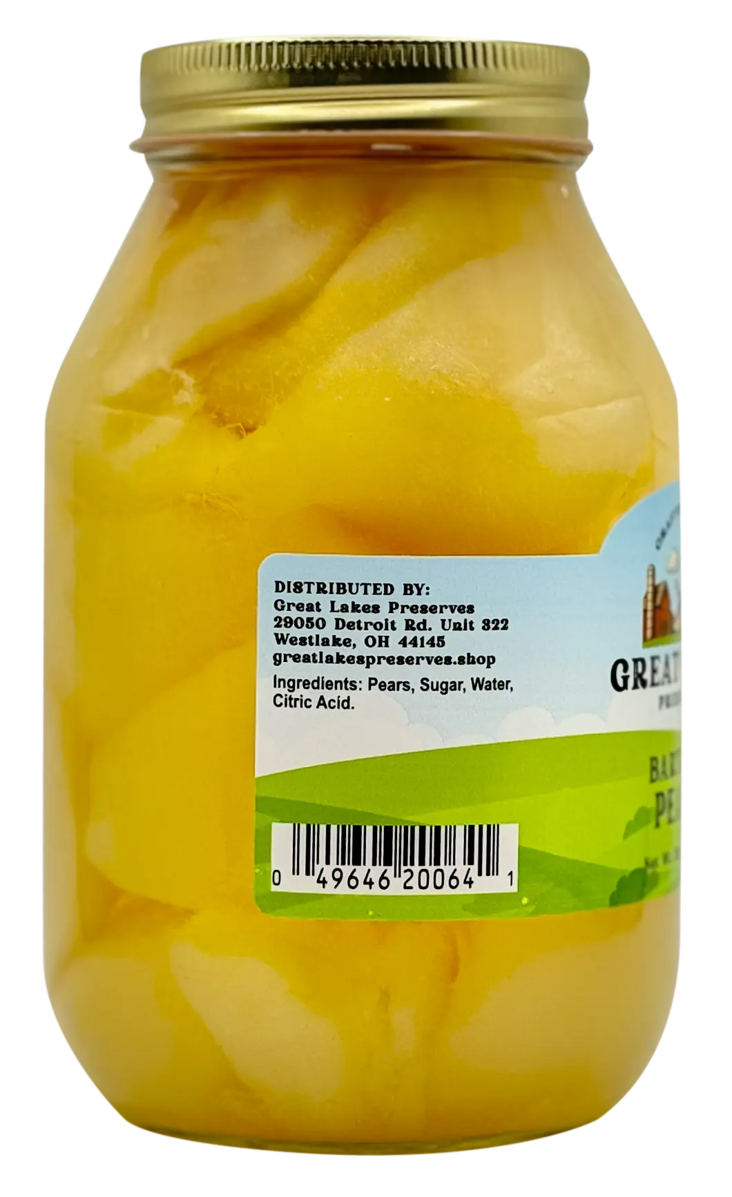 Two Great Lakes Preserves Bartlett Pears jars, 32 oz (907g) each, front labels facing with gold lids.