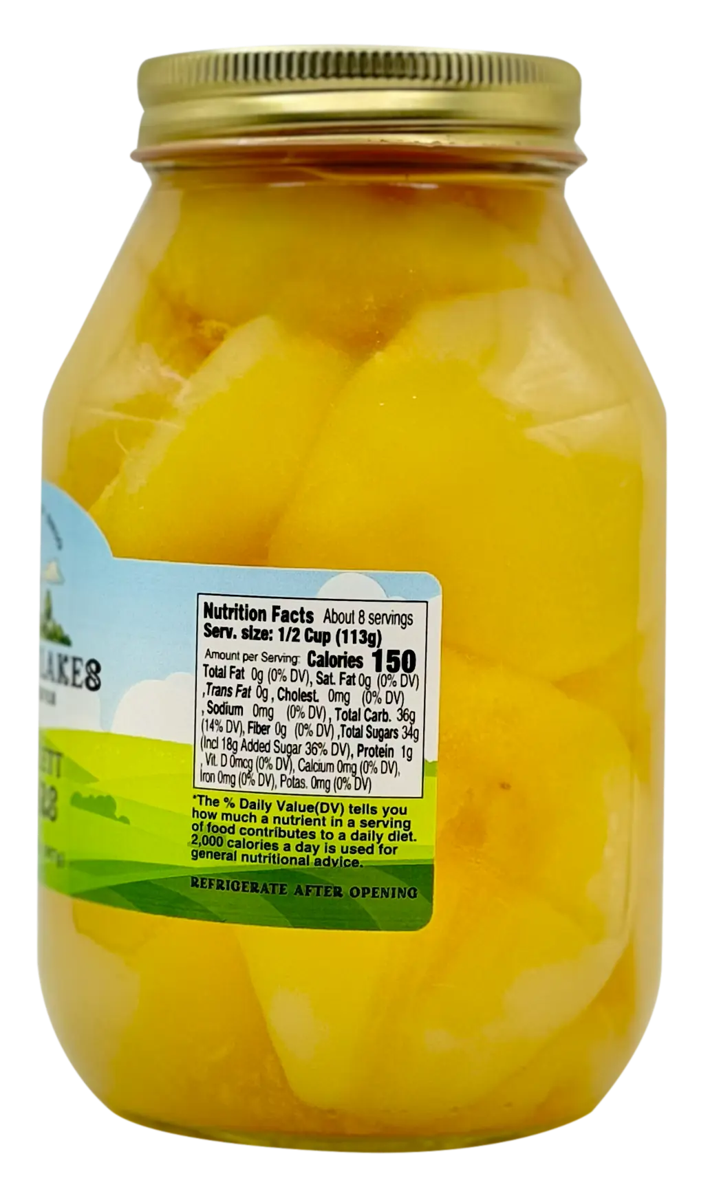 Back of Bartlett Pears jar with Nutrition Facts: serving 1/2 cup (113g), 150 calories; refrigerate after opening.