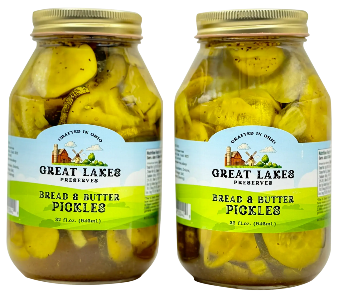 Two Great Lakes Preserves Bread & Butter Pickles jars, 32 fl oz (943 mL) each, front labels facing with gold lids.