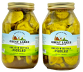 Two Great Lakes Preserves Bread & Butter Pickles jars, 32 fl oz (943 mL) each, front labels facing with gold lids.