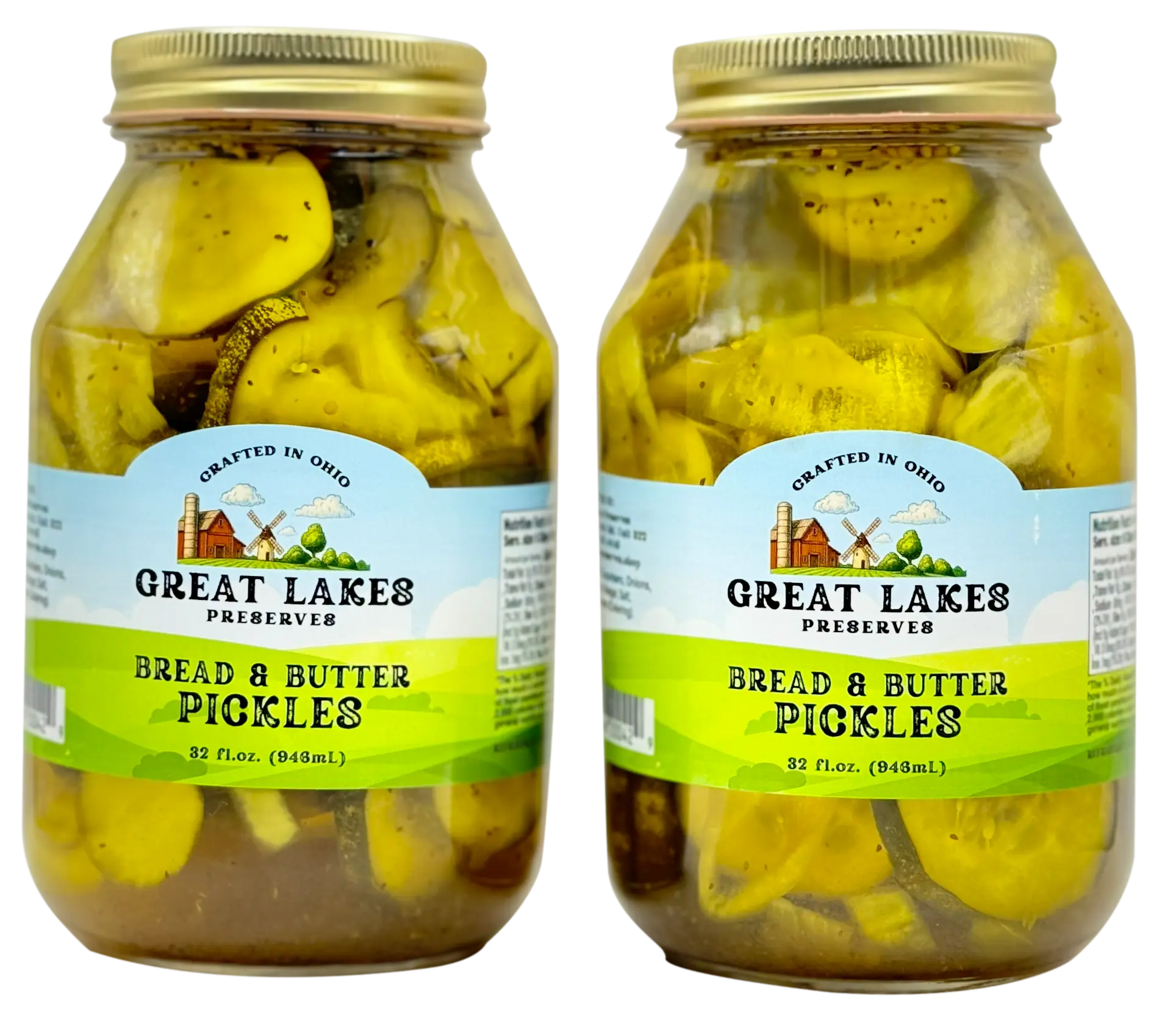 Two Great Lakes Preserves Bread & Butter Pickles jars, 32 fl oz (943 mL) each, front labels facing with gold lids.