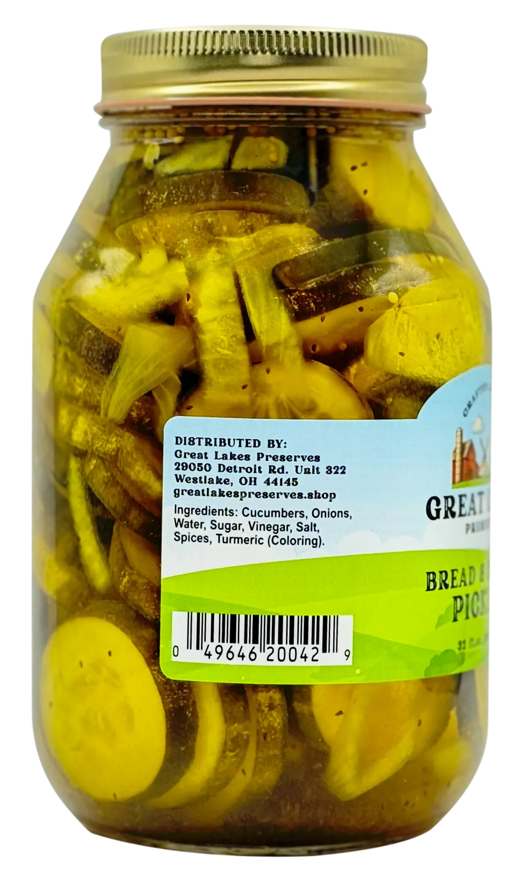 Two Great Lakes Preserves Bread & Butter Pickles jars, 32 fl oz (943 mL) each, front labels facing with gold lids.