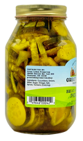 Back label of Great Lakes Preserves Bread & Butter Pickles jar showing ingredients list and barcode under gold lid