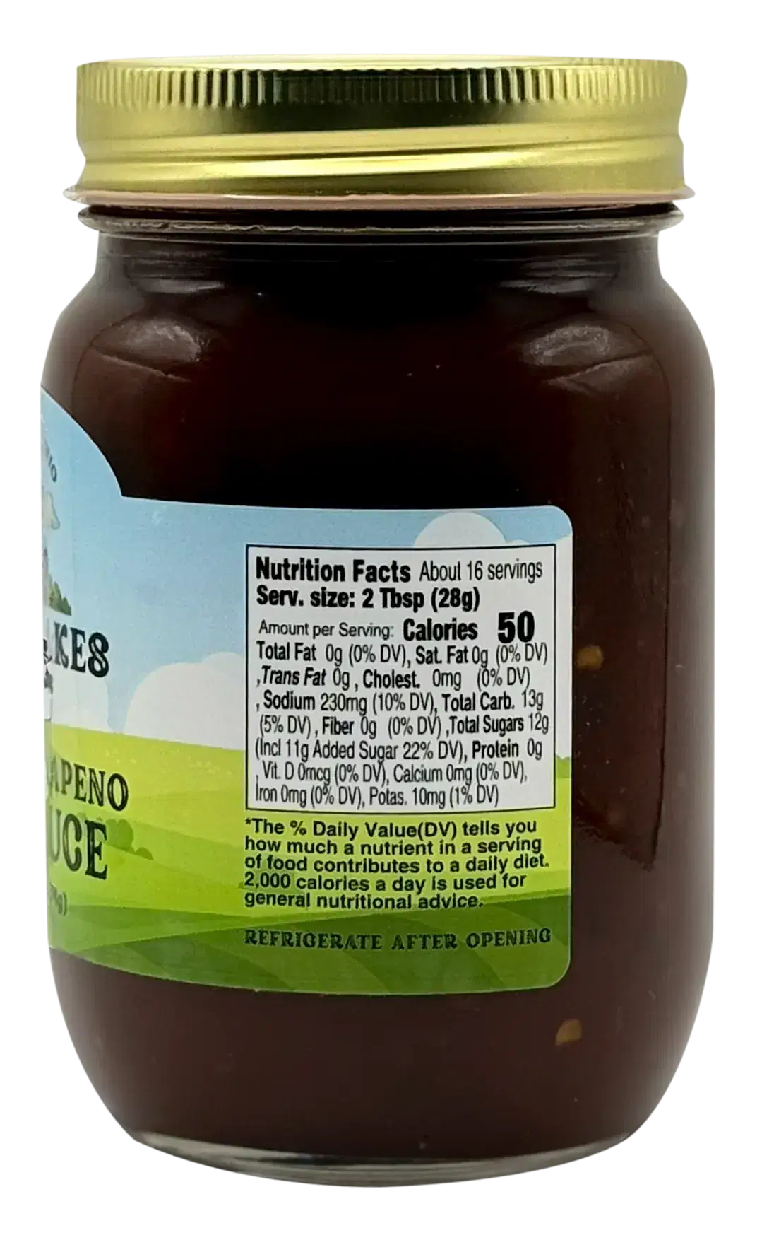 Back of Great Lakes Preserves jar with Nutrition Facts: serving 2 Tbsp (28g), 50 calories; refrigerate after opening.