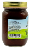 Back label of Great Lakes Preserves BBQ sauce jar showing distributor details, ingredients list, and barcode