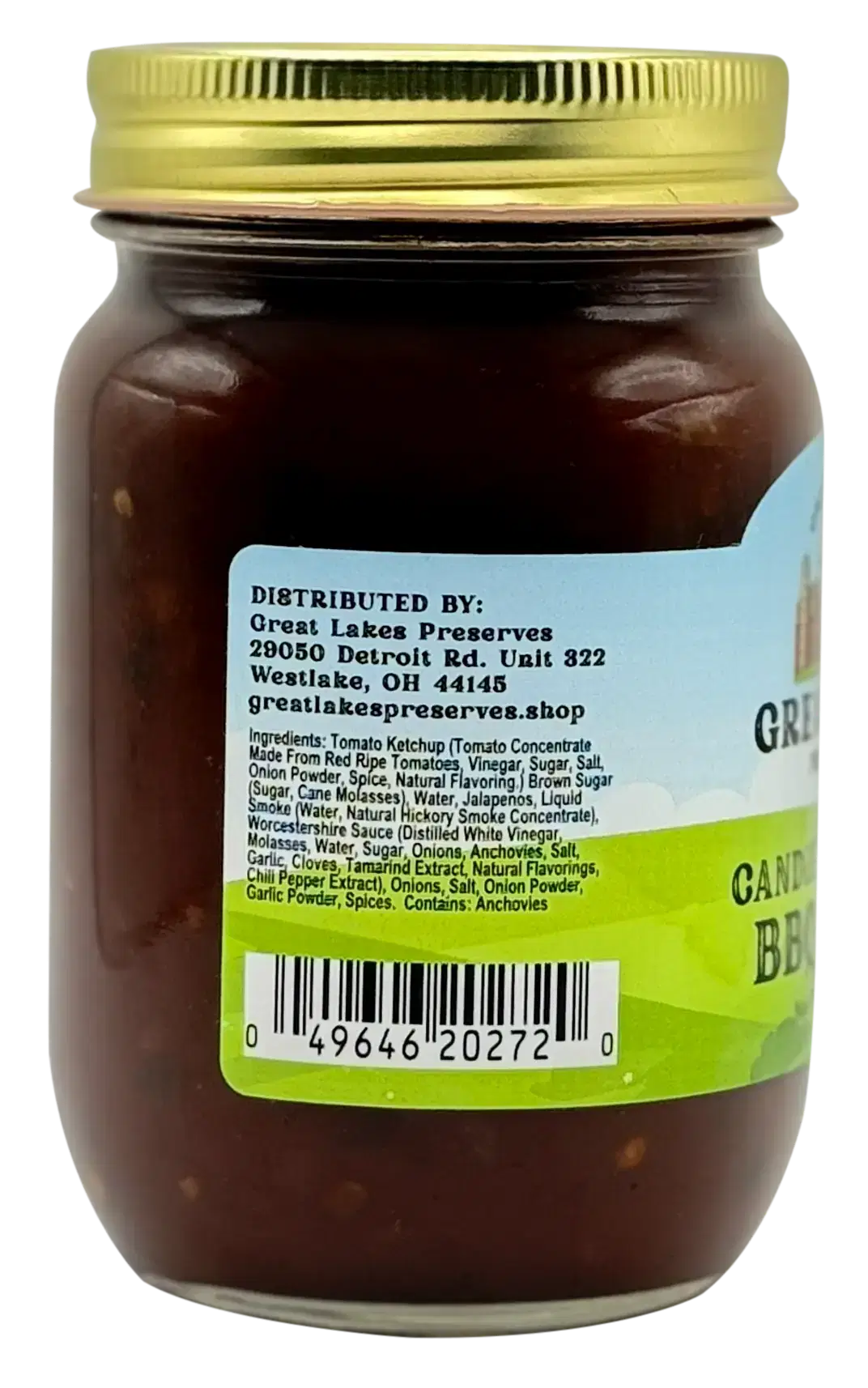 Back label of Great Lakes Preserves BBQ sauce jar showing distributor details, ingredients list, and barcode