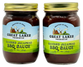 Two Great Lakes Preserves Candied Jalapeno BBQ Sauce jars, 18 oz (454g) each, front labels with gold lids.