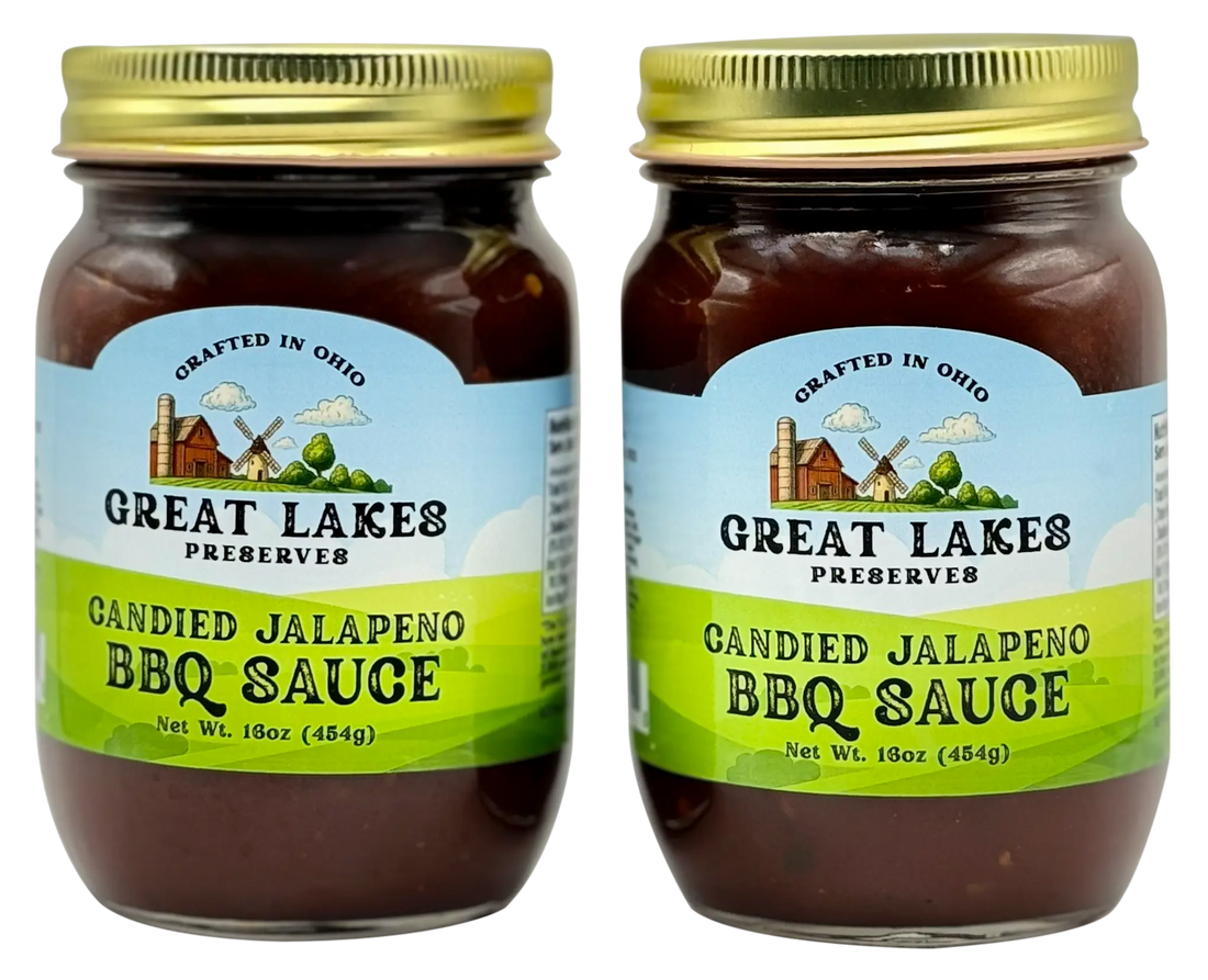 Two Great Lakes Preserves Candied Jalapeno BBQ Sauce jars, 18 oz (454g) each, front labels with gold lids.