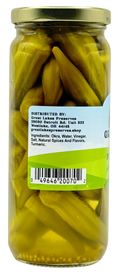 Back label of Great Lakes Preserves Pickled Mild Okra jar showing ingredients list and barcode.