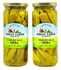 Two Great Lakes Preserves Pickled Mild Okra jars, 18 oz (454g) each, front labels facing with gold lids.