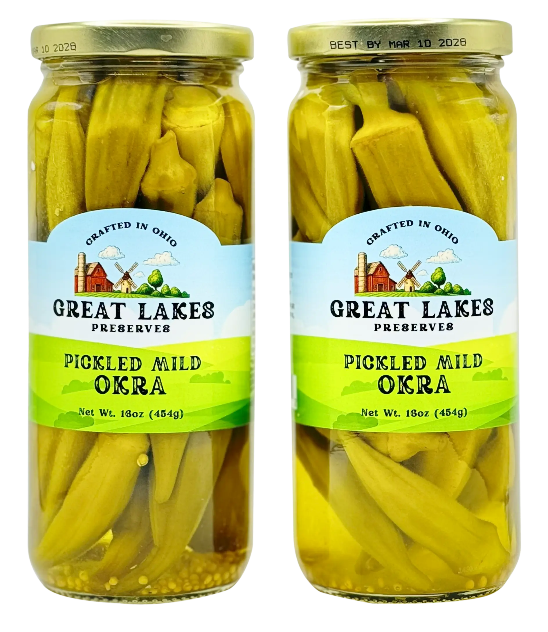 Two Great Lakes Preserves Pickled Mild Okra jars, 18 oz (454g) each, front labels facing with gold lids.