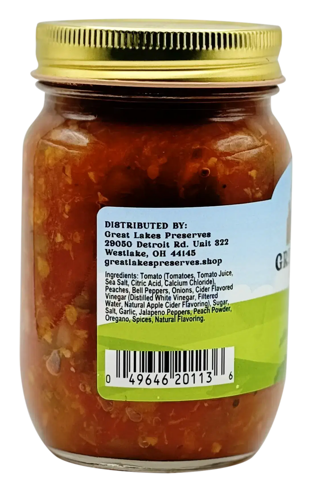 Two Great Lakes Preserves Peach Salsa jars with gold lids, 14.5 oz (411g), front labels facing.