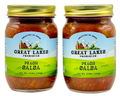 Two Great Lakes Preserves Peach Salsa jars with gold lids, 14.5 oz (411g), front labels facing.