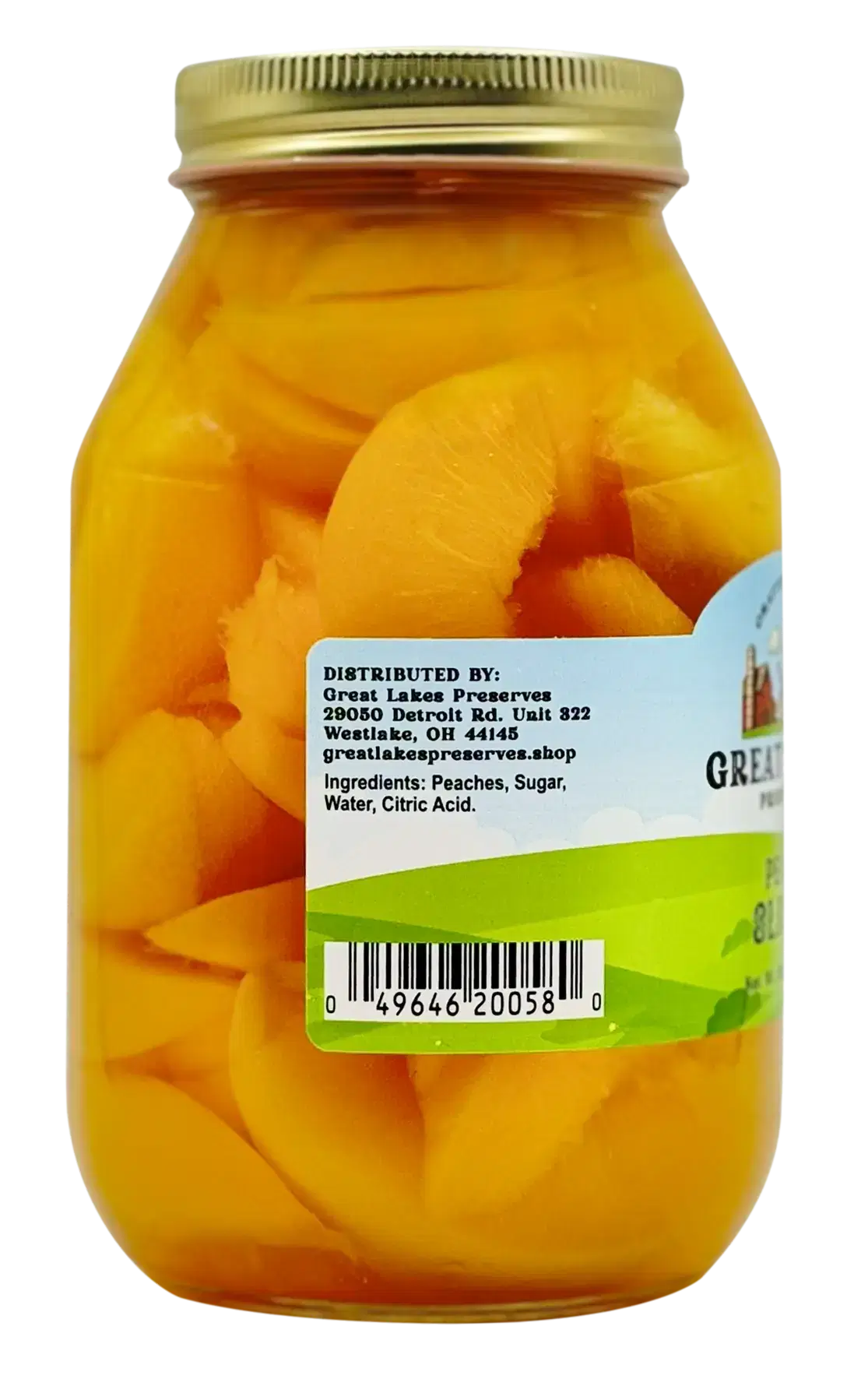 Back label of Great Lakes Preserves Peach Slices jar showing ingredients list and barcode under gold lid.