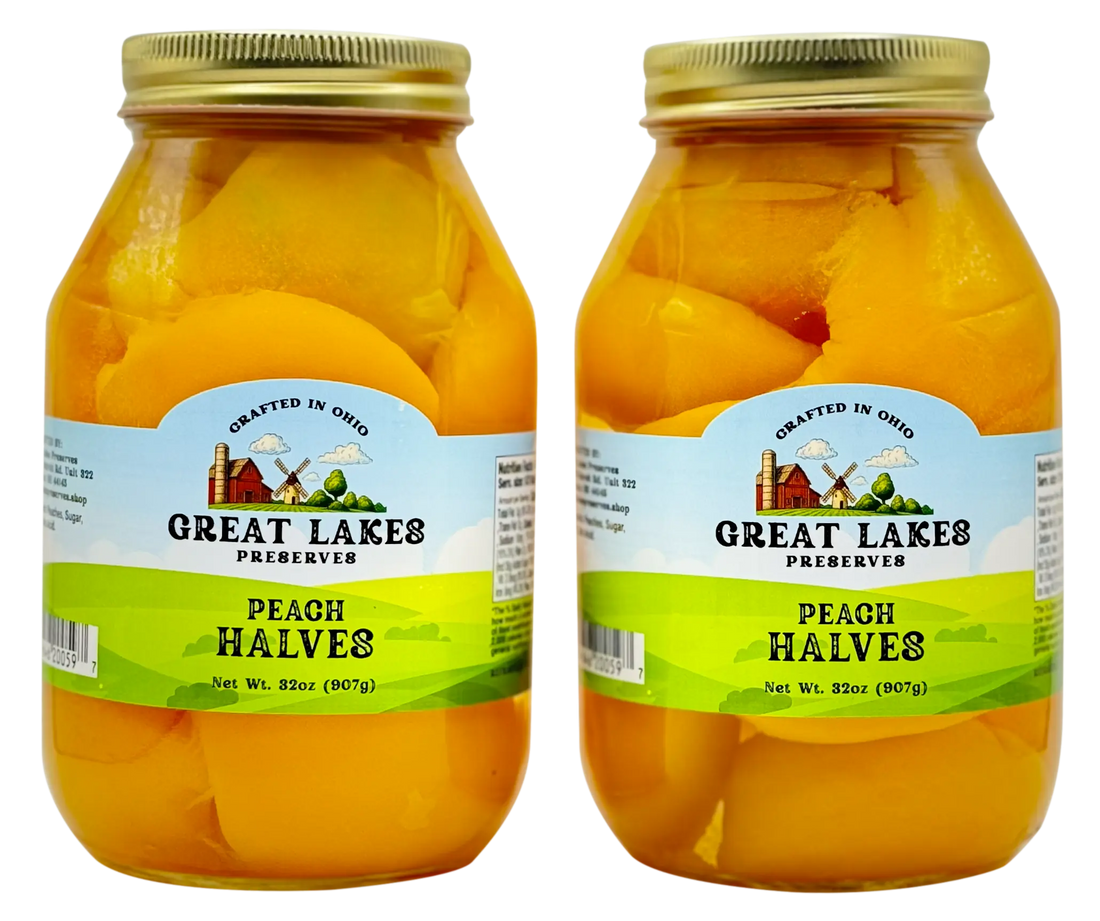 Two Great Lakes Preserves Peach Halves jars, 32 oz (907g) each, front labels facing with gold lids.