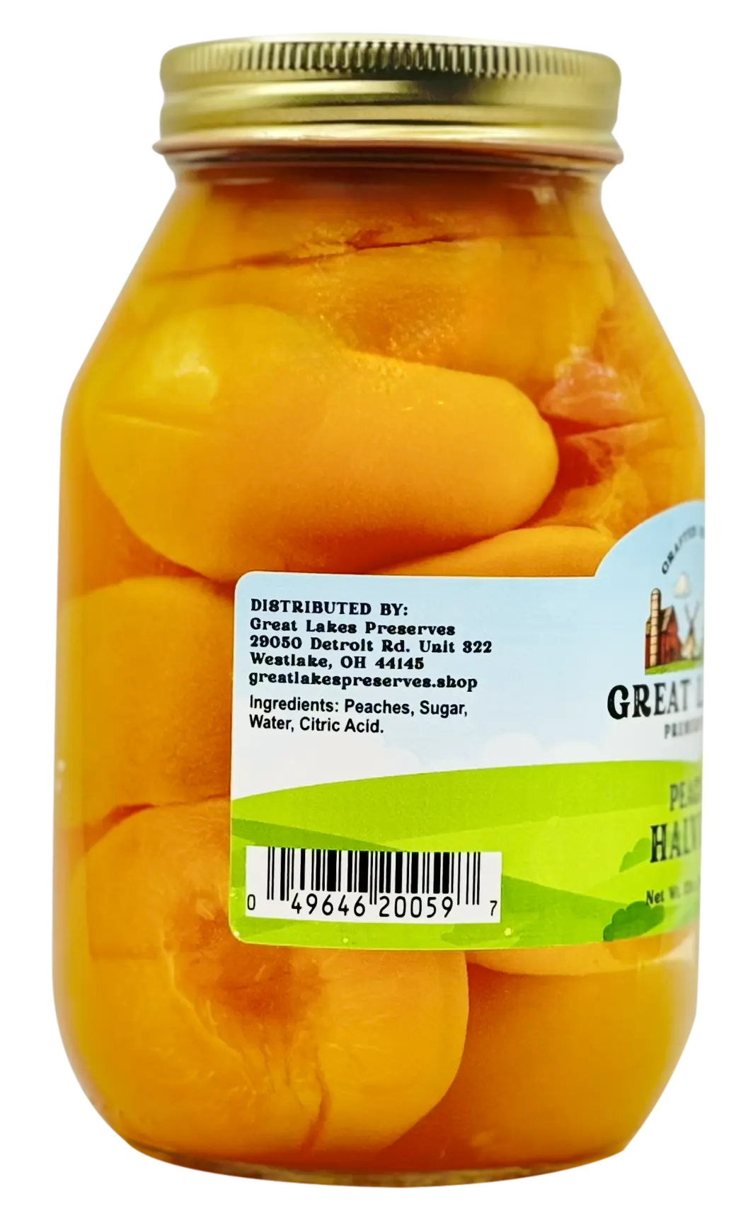 Two Great Lakes Preserves Peach Halves jars, 32 oz (907g) each, front labels facing with gold lids.