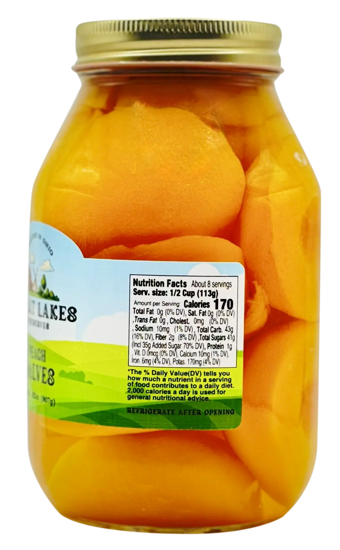 Back of Peach Halves jar with Nutrition Facts: serving 1/2 cup (113g), 170 calories; refrigerate after opening.