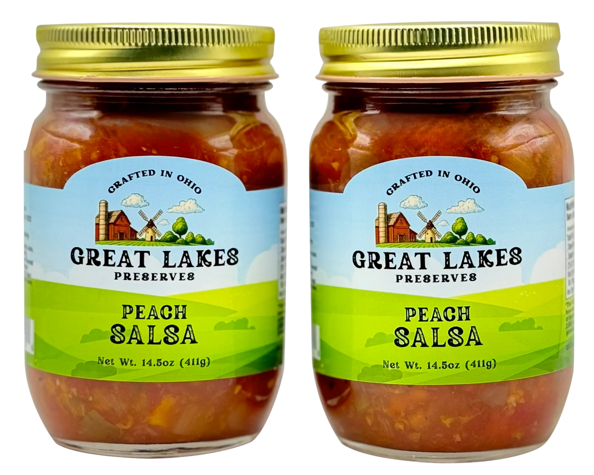 Two Great Lakes Preserves Peach Salsa jars with gold lids, 14.5 oz (411g), front labels facing.