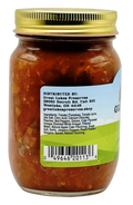 Back label of Great Lakes Preserves Peach Salsa jar with ingredients, distributor details, and barcode under gold lid.