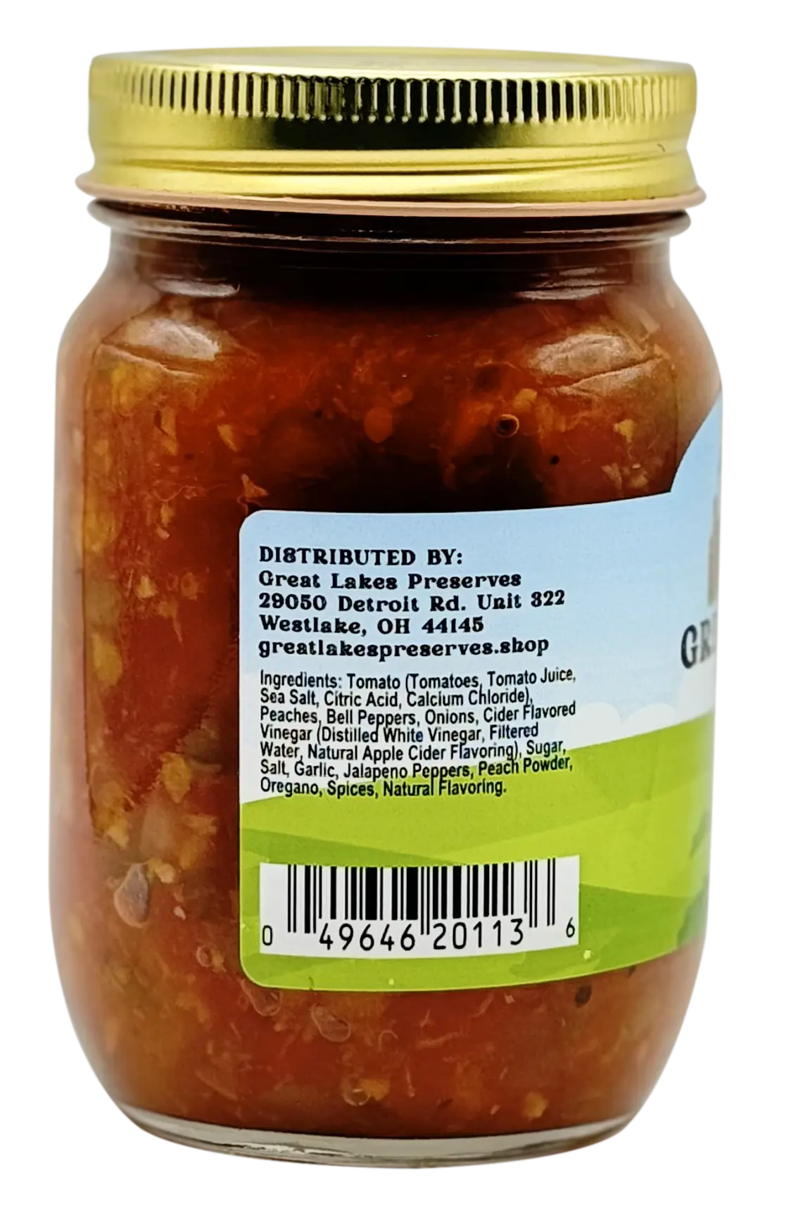 Back label of Great Lakes Preserves Peach Salsa jar with ingredients, distributor details, and barcode under gold lid.