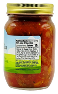 Back of Great Lakes Preserves Peach Salsa jar with Nutrition Facts: serving 2 Tbsp (30g), 15 calories.