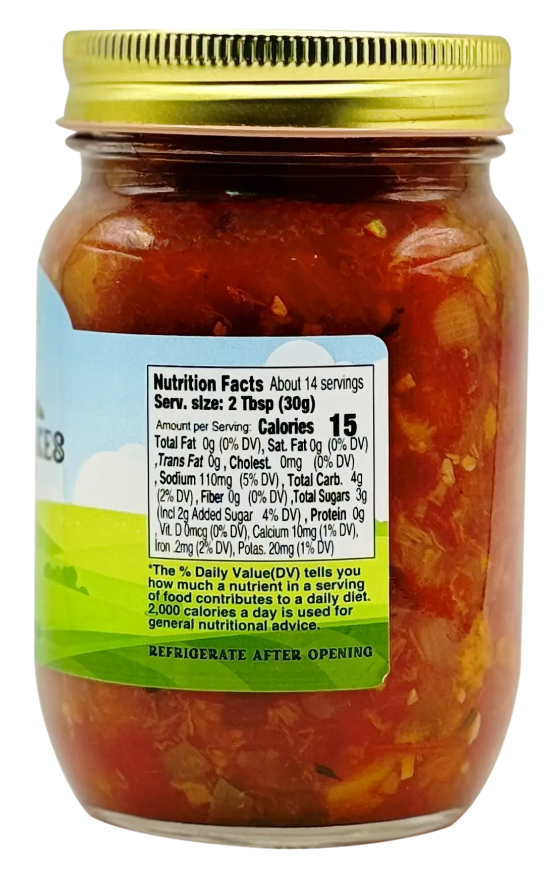 Back of Great Lakes Preserves Peach Salsa jar with Nutrition Facts: serving 2 Tbsp (30g), 15 calories.