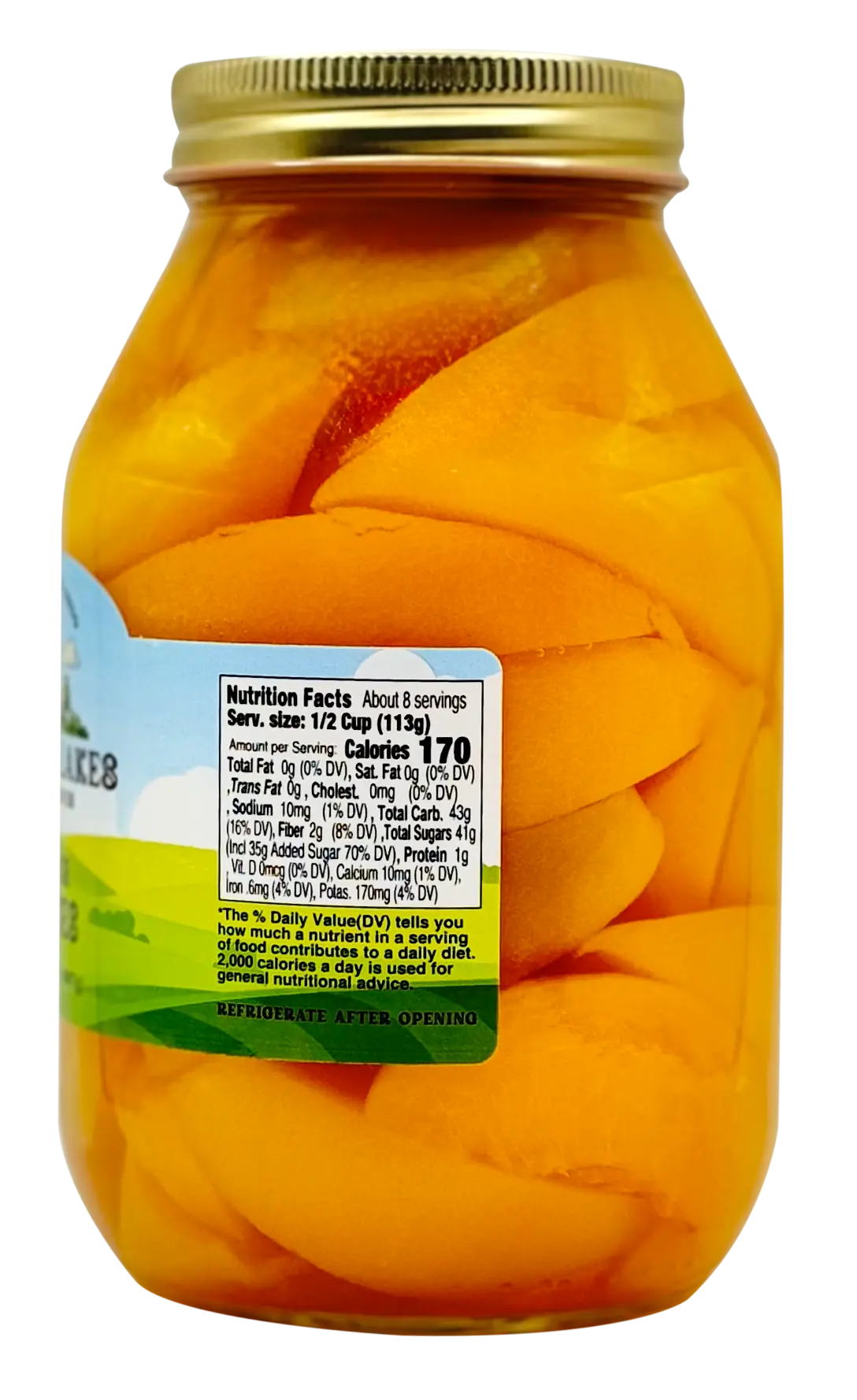 Back of Peach Slices jar with Nutrition Facts: serving 1/2 cup (113g), 170 calories; refrigerate after opening