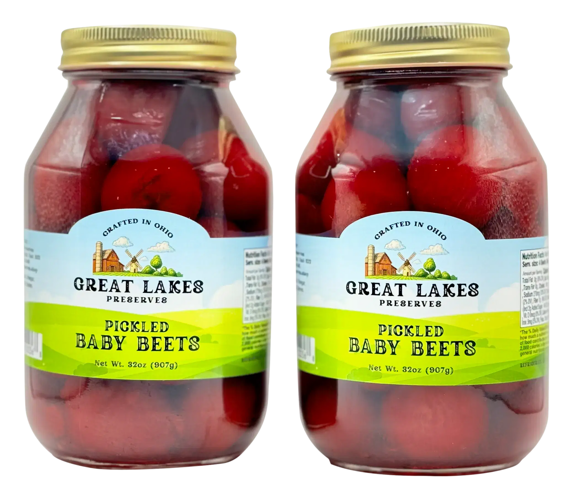 Two Great Lakes Preserves Pickled Baby Beets jars, 32 oz (907g) each, front labels facing with gold lids.