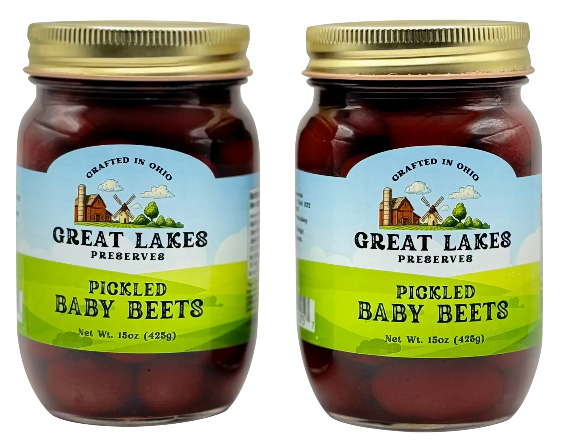 Two Great Lakes Preserves Pickled Baby Beets jars, 15 oz (425g) each, front labels facing with gold lids.