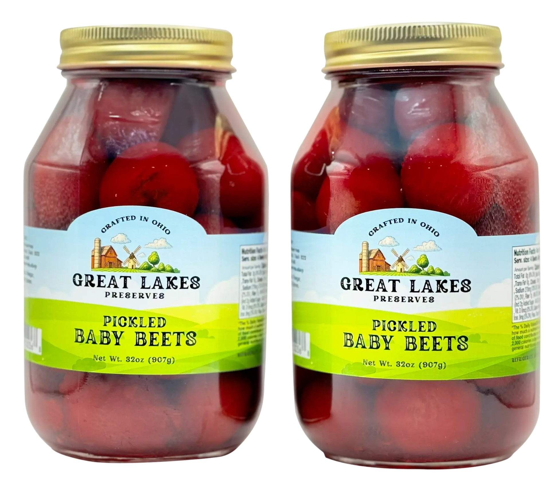 Two Great Lakes Preserves Pickled Baby Beets jars, 32 oz (907g) each, front labels facing with gold lids.