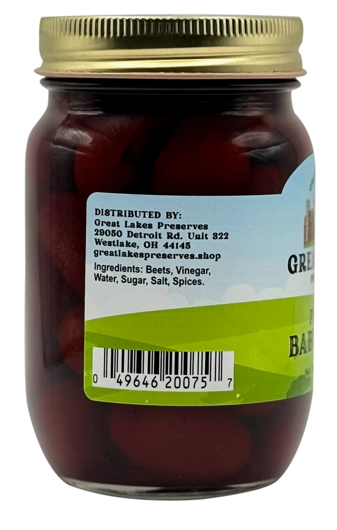 Back label of Great Lakes Preserves Pickled Baby Beets jar showing ingredients list, distributor info, and barcode.