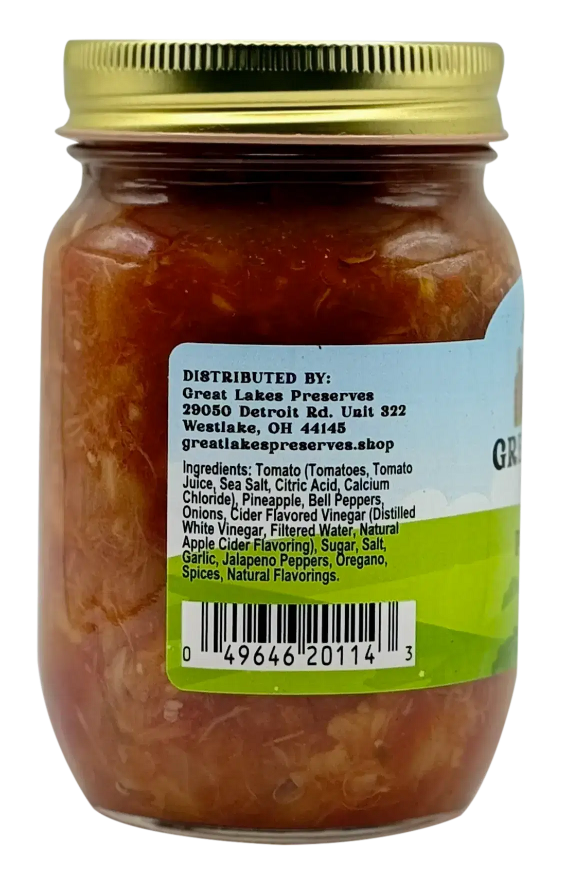 Two Great Lakes Preserves Pineapple Salsa jars, 14.5 oz (411g) each, front labels facing with gold lids.