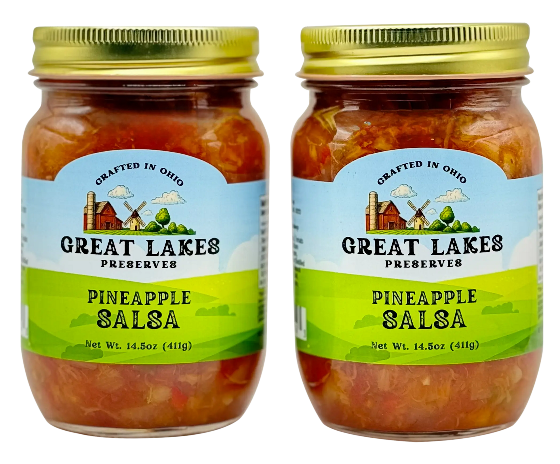 Two Great Lakes Preserves Pineapple Salsa jars, 14.5 oz (411g) each, front labels facing with gold lids.