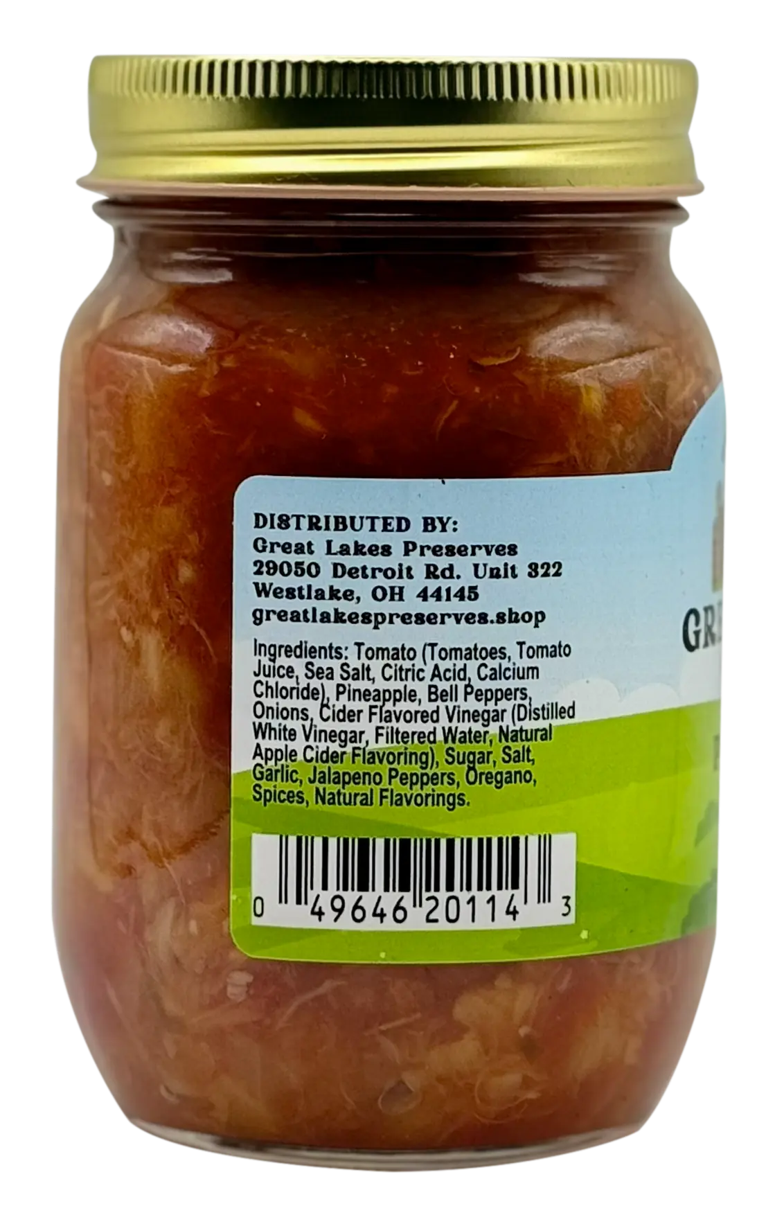 Back label of Great Lakes Preserves Pineapple Salsa jar showing ingredients, distributor details, and barcode.