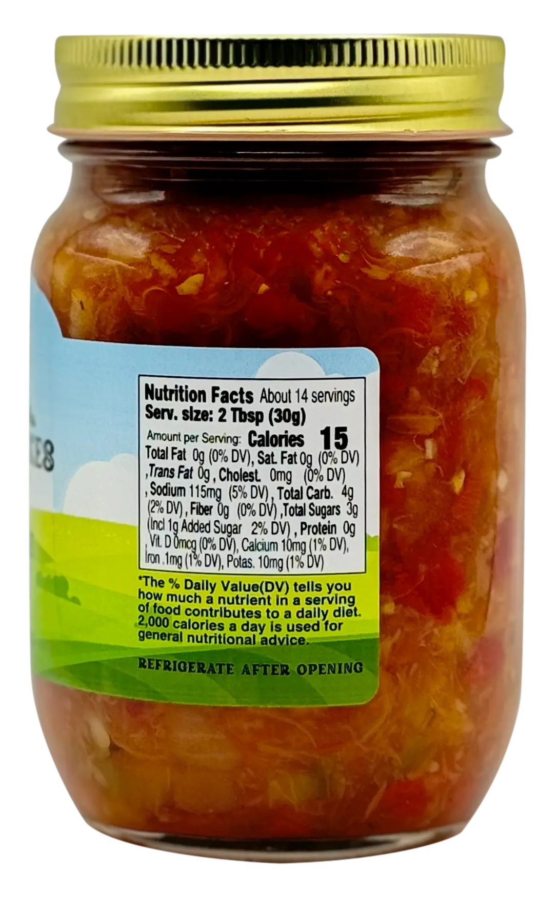 Back of Great Lakes Preserves Pineapple Salsa; Nutrition Facts: 2 Tbsp (30g), 15 calories; refrigerate after opening.