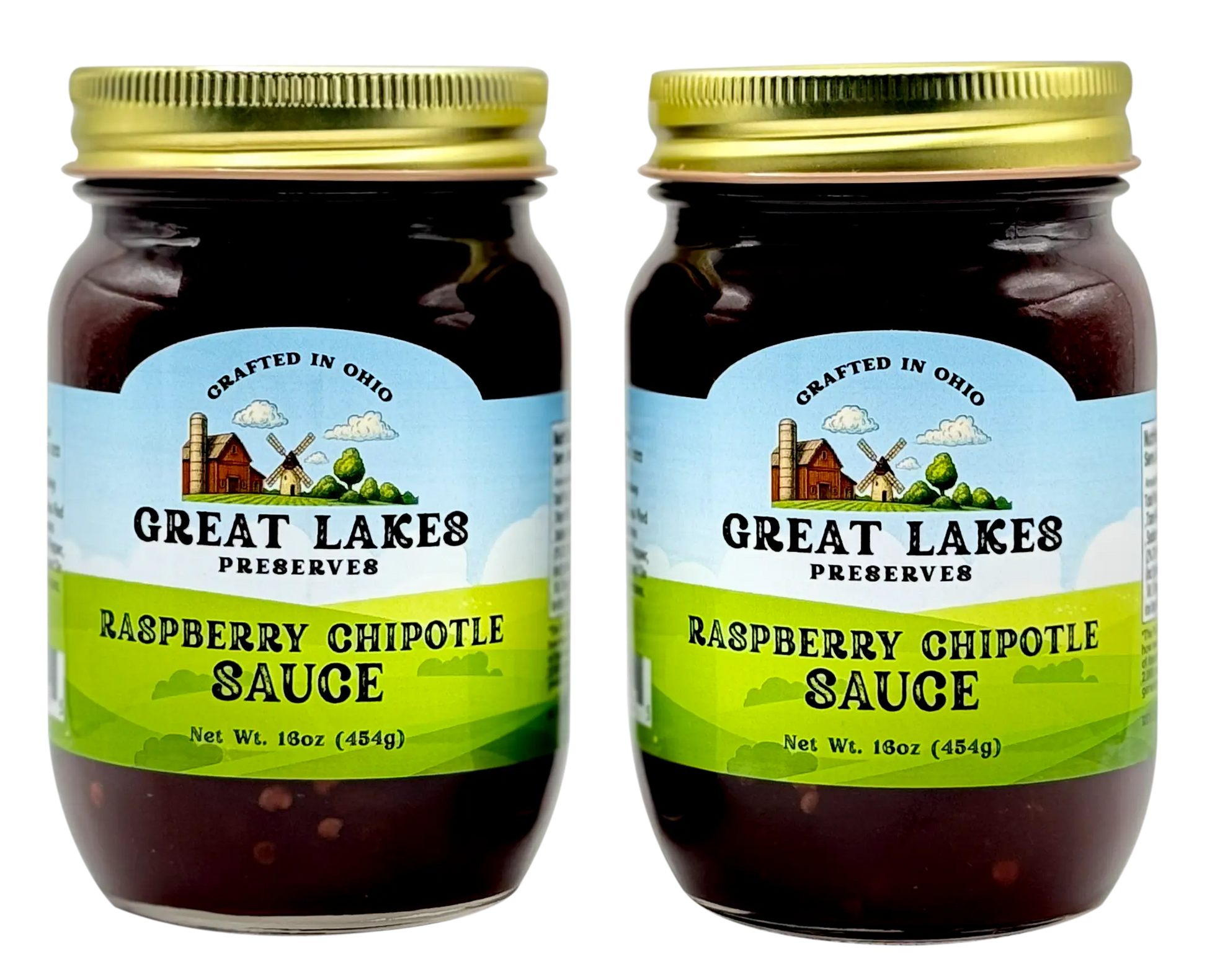 Two Great Lakes Preserves Raspberry Chipotle Sauce jars, 18 oz (454g) each, front labels shown with gold lids.