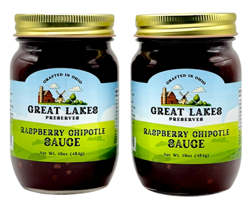 Two Great Lakes Preserves Raspberry Chipotle Sauce jars, 18 oz (454g) each, front labels shown with gold lids.
