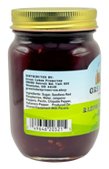Back label of Great Lakes Preserves jar showing ingredients; raspberry sauce with jalapeno, chipotle, habanero.