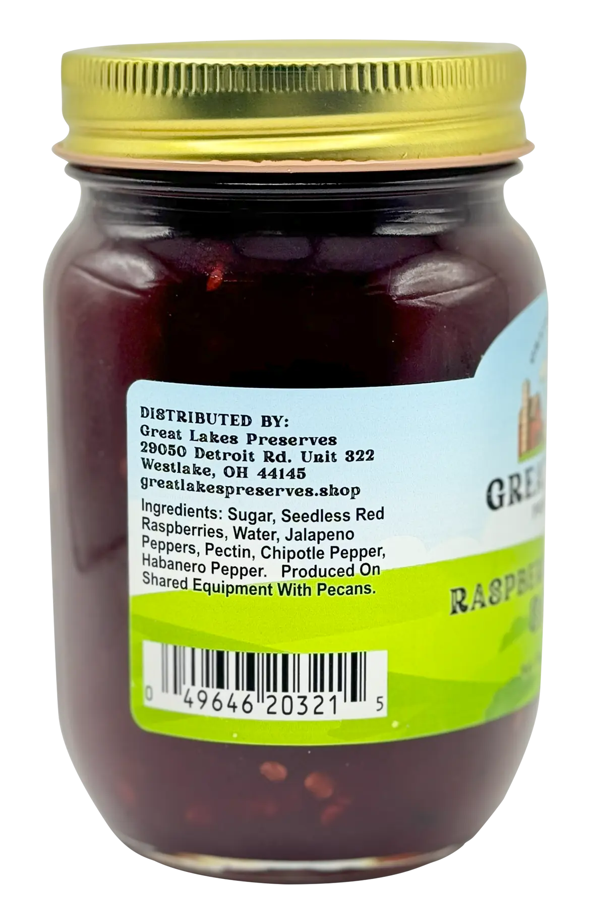 Back label of Great Lakes Preserves jar showing ingredients; raspberry sauce with jalapeno, chipotle, habanero.