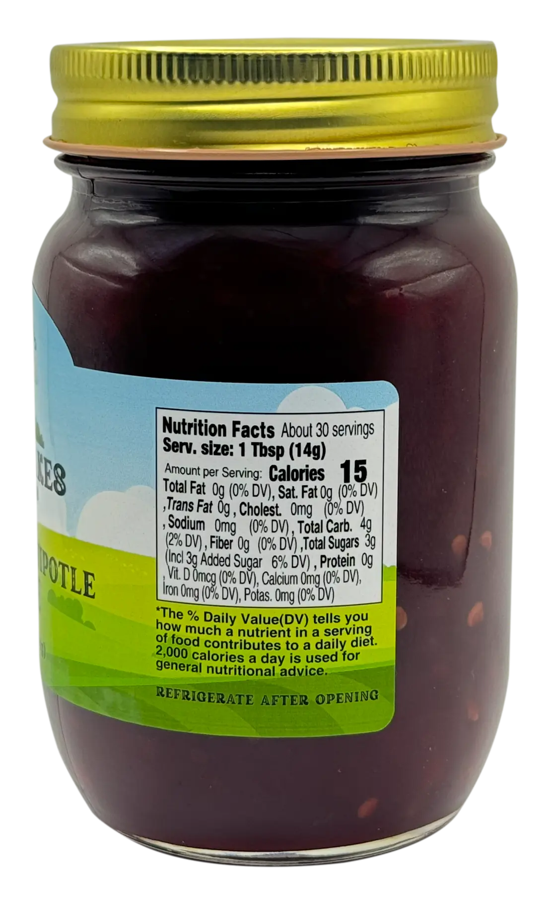 Back of jar shows Nutrition Facts; serving size 1 Tbsp (14g), 15 calories; refrigerate after opening.