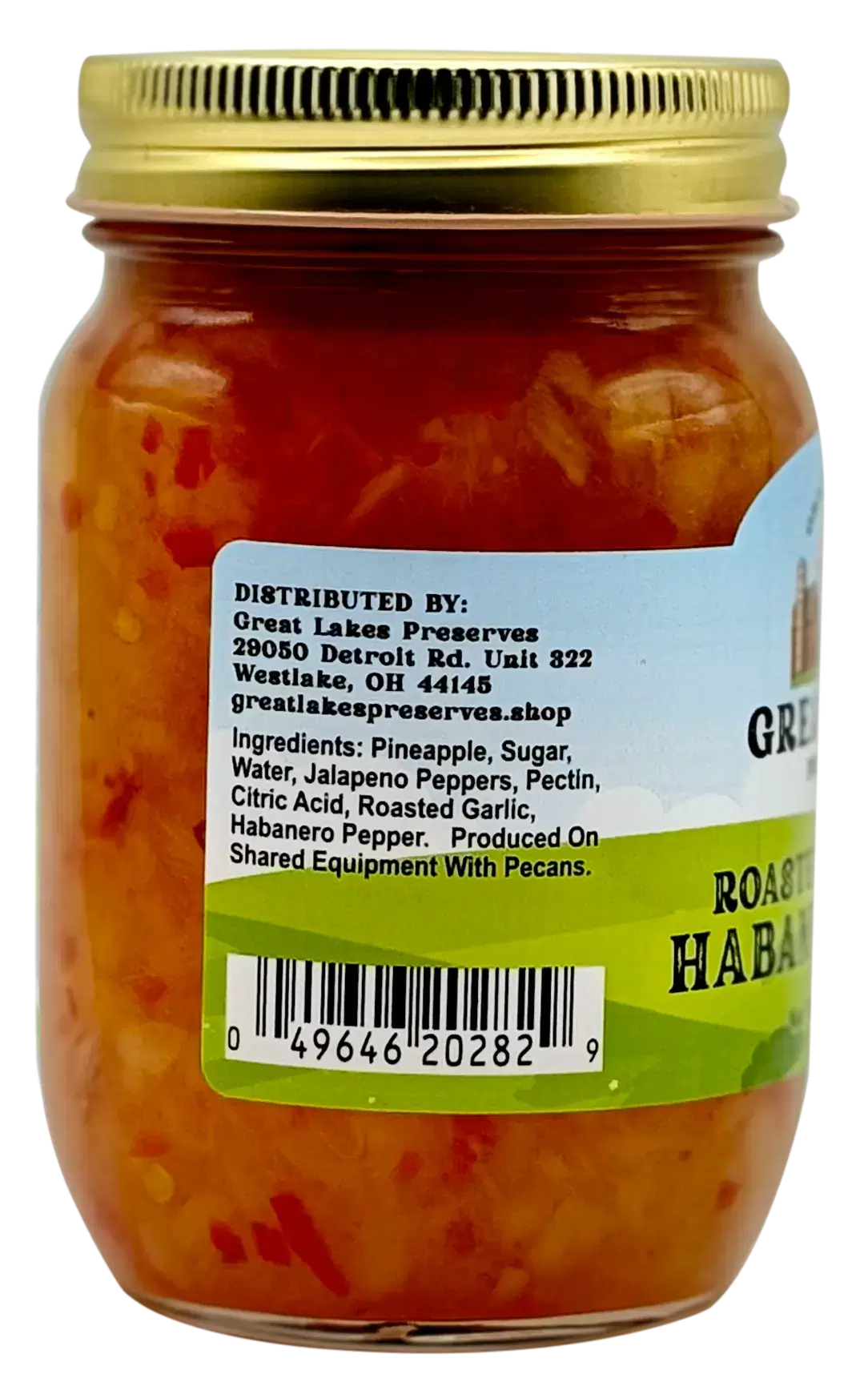 Back label of Great Lakes Preserves Roasted Pineapple Habanero Sauce jar showing ingredients list and barcode.