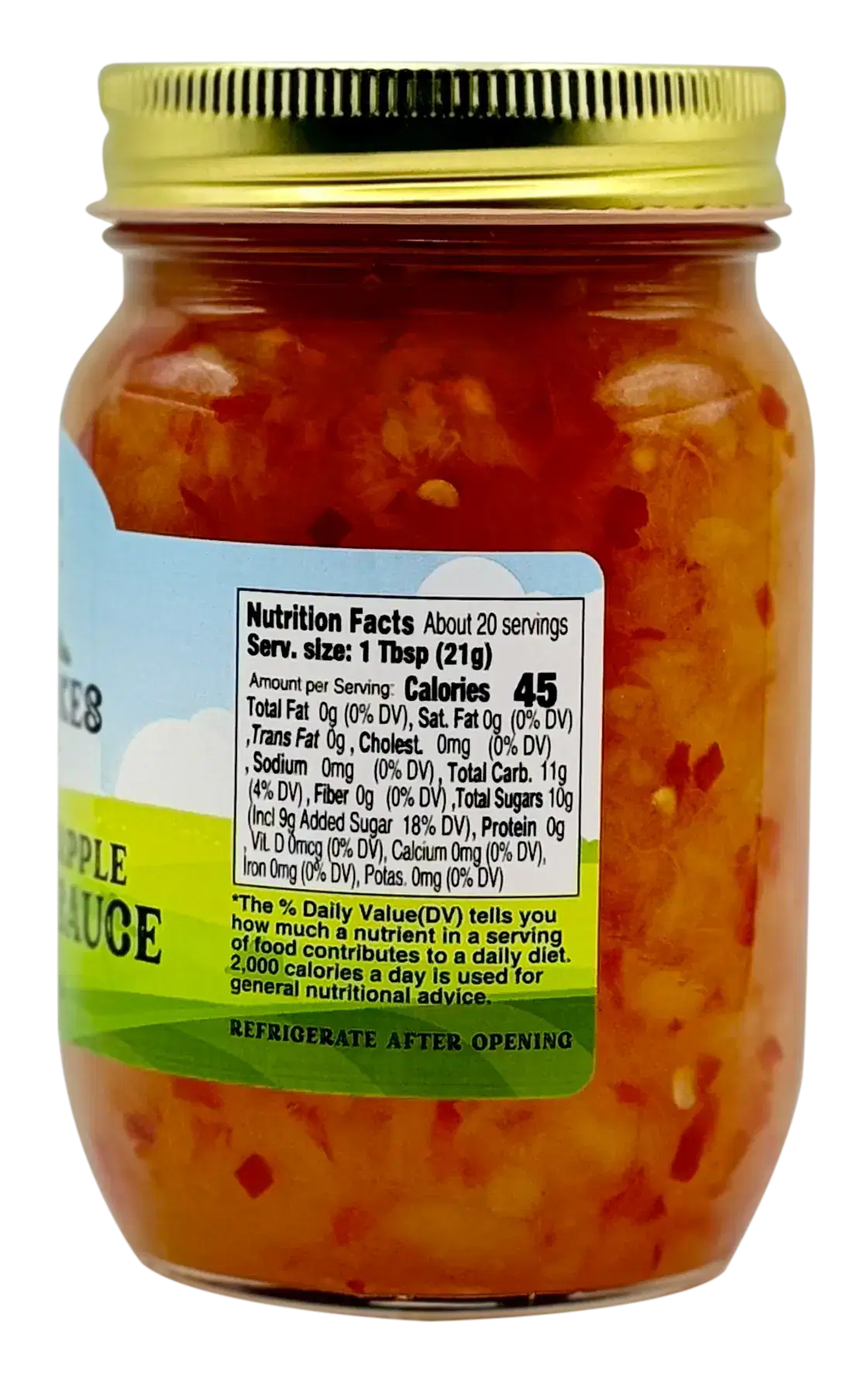 Back of Great Lakes Preserves jar with Nutrition Facts: serving 1 Tbsp (21g), 45 calories; refrigerate after opening.