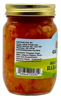 Back label of Great Lakes Preserves Roasted Pineapple Habanero Sauce jar showing ingredients list and barcode.