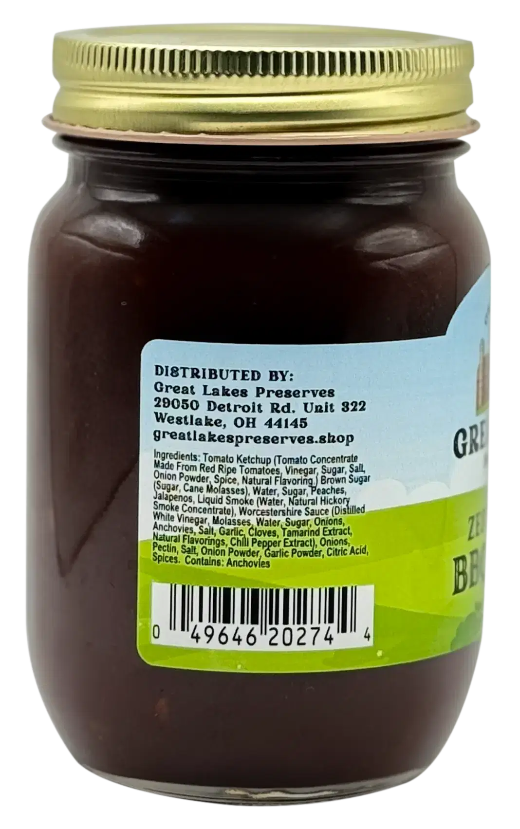 Two Great Lakes Preserves Zesty Peach BBQ Sauce jars, 16 oz (454g) each, front labels shown with gold lids.