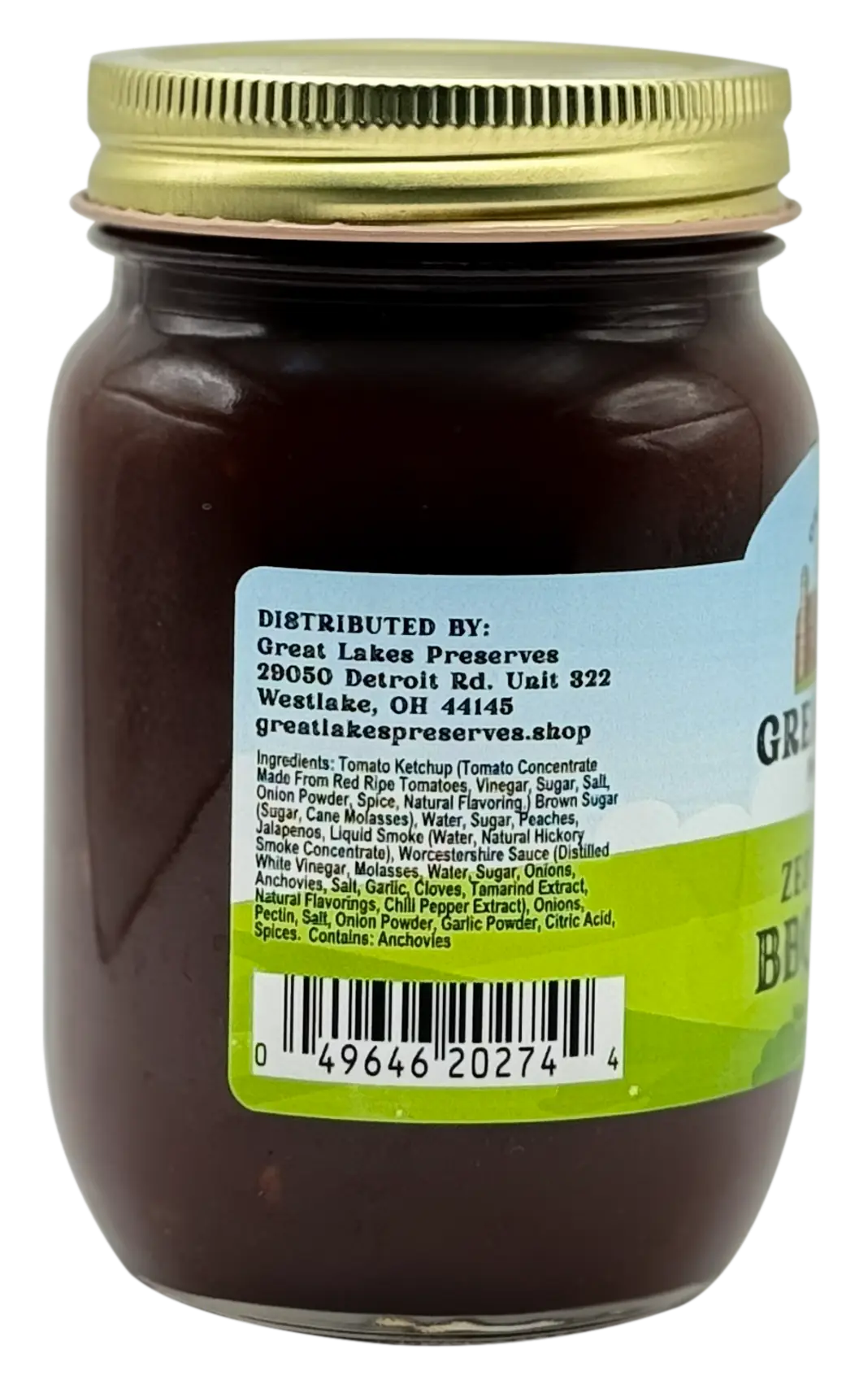 Back label of Great Lakes Preserves jar showing ingredients list, distributor info, and barcode under gold lid.
